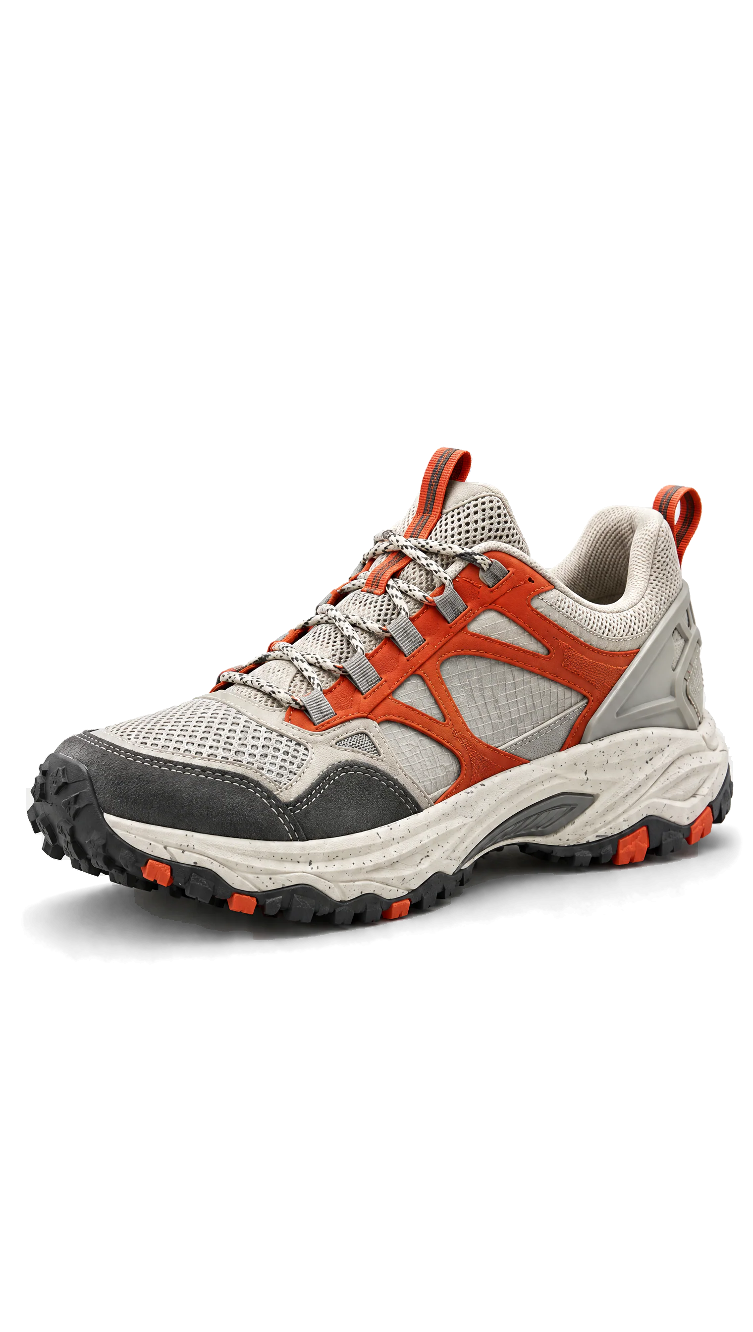 Strata Trail in Signal: grey mesh, orange overlay cage, speckled sole